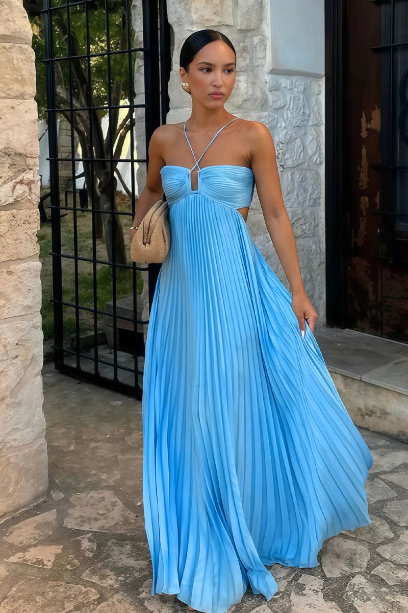 Cross Strap Halter Ruched Bust Cut Out Pleated Flowy Maxi Dress