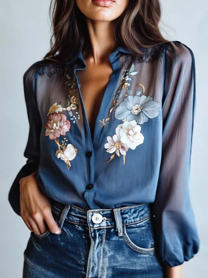 Floral Embroidered Sheer Long Sleeve Collared Dressy Blouse
