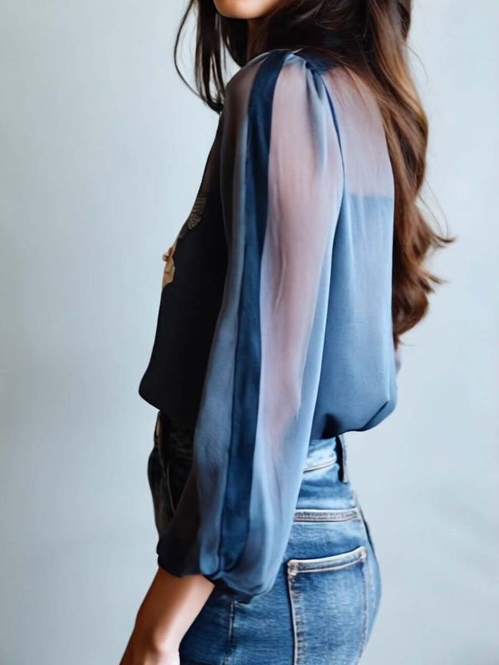 Floral Embroidered Sheer Long Sleeve Collared Dressy Blouse