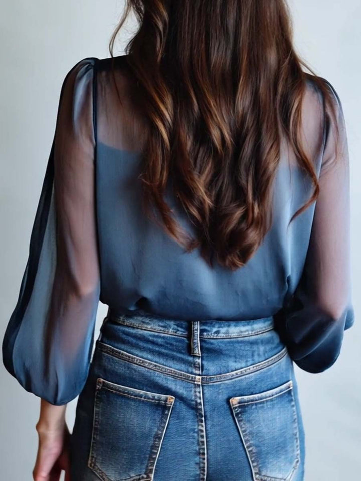 Floral Embroidered Sheer Long Sleeve Collared Dressy Blouse