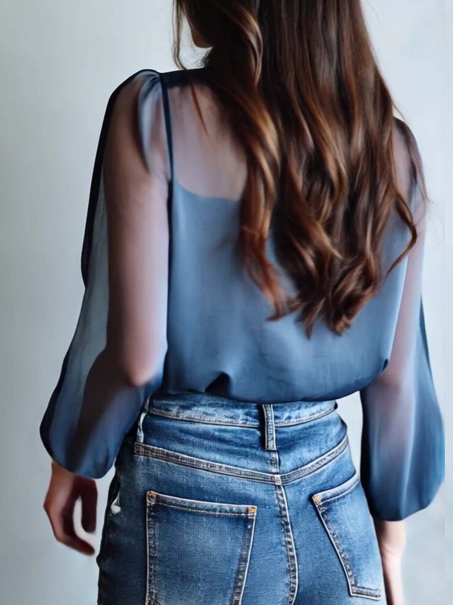 Floral Embroidered Sheer Long Sleeve Collared Dressy Blouse