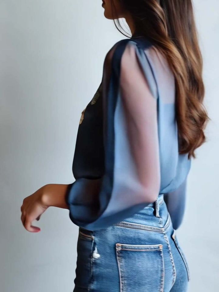 Floral Embroidered Sheer Long Sleeve Collared Dressy Blouse