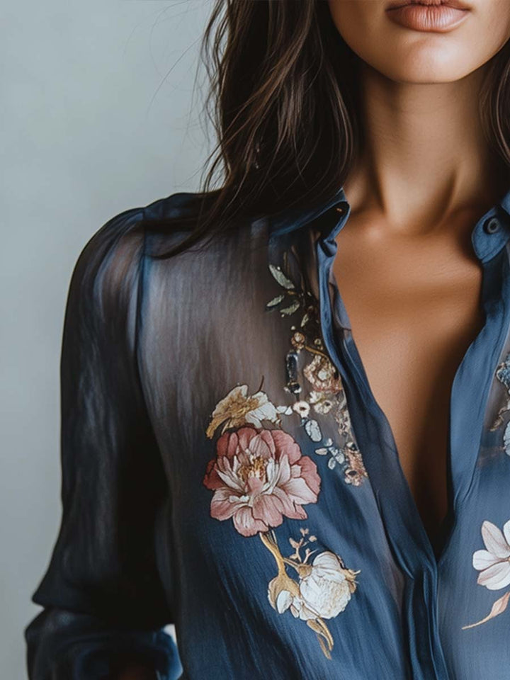 Floral Embroidered Sheer Long Sleeve Collared Dressy Blouse