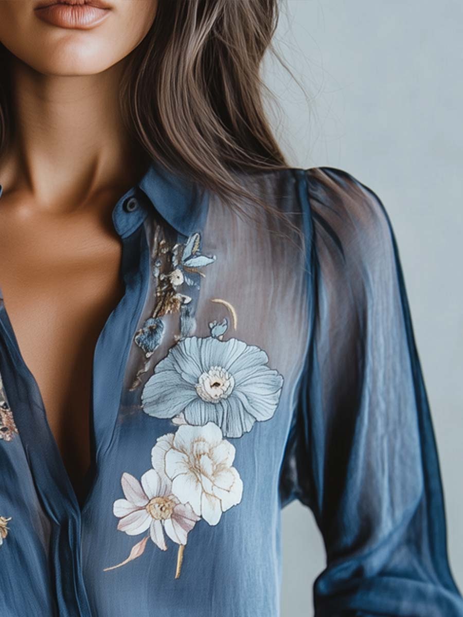 Floral Embroidered Sheer Long Sleeve Collared Dressy Blouse