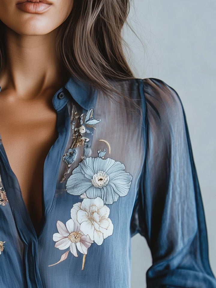 Floral Embroidered Sheer Long Sleeve Collared Dressy Blouse