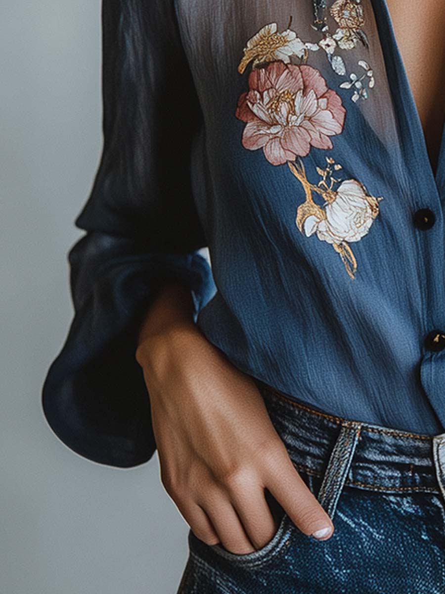 Floral Embroidered Sheer Long Sleeve Collared Dressy Blouse