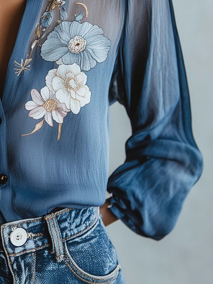 Floral Embroidered Sheer Long Sleeve Collared Dressy Blouse