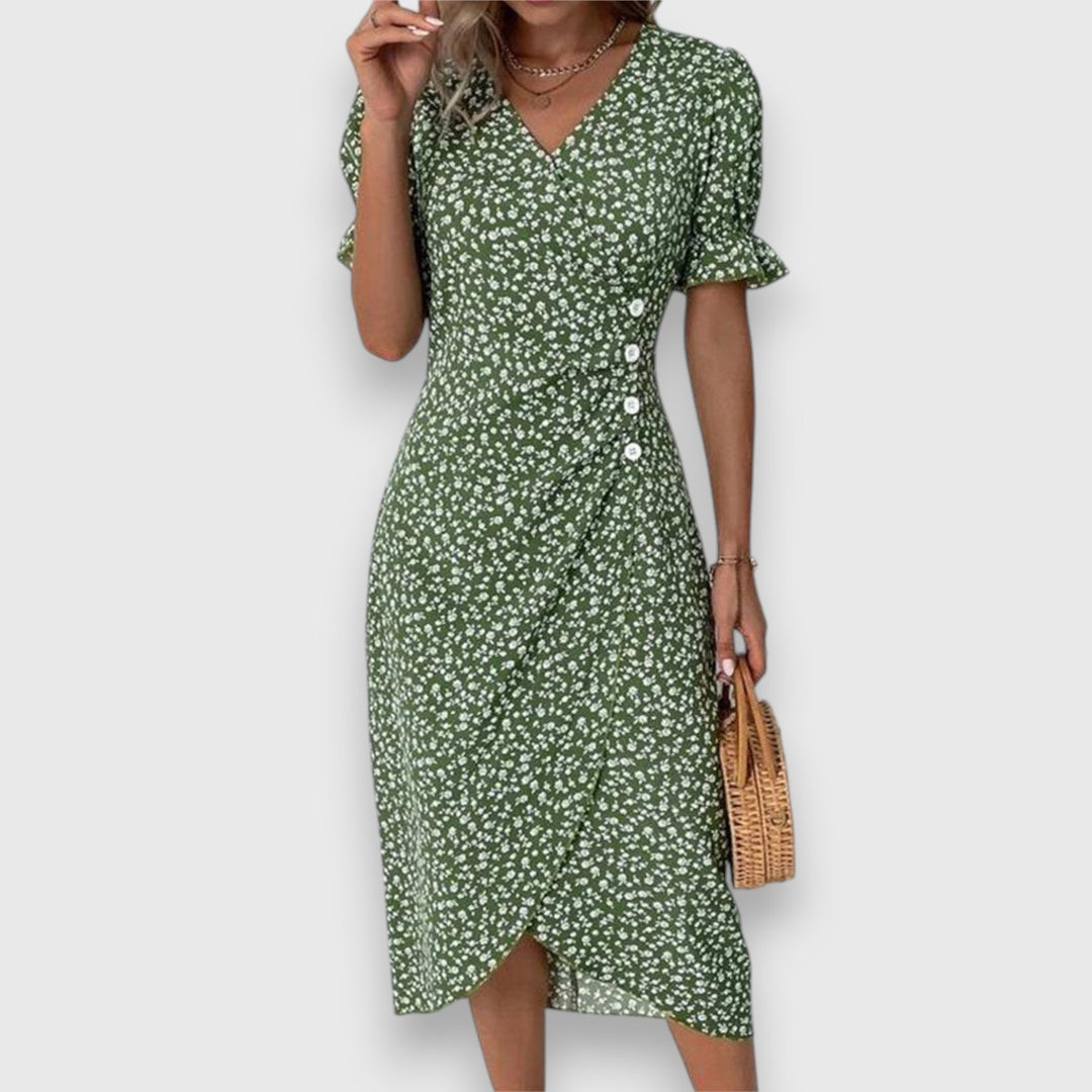 Ditsy Floral Puff Sleeve Button Side Split Midi Dress