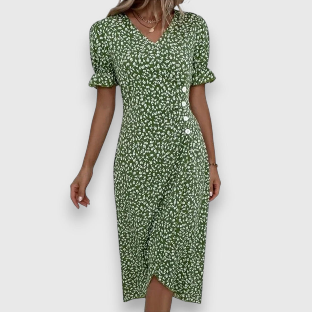 Ditsy Floral Puff Sleeve Button Side Split Midi Dress