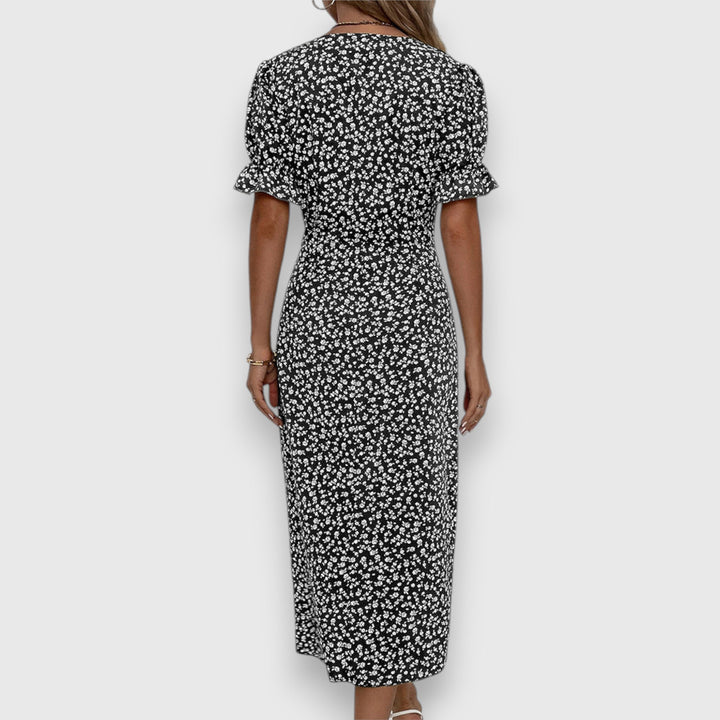 Ditsy Floral Puff Sleeve Button Side Split Midi Dress