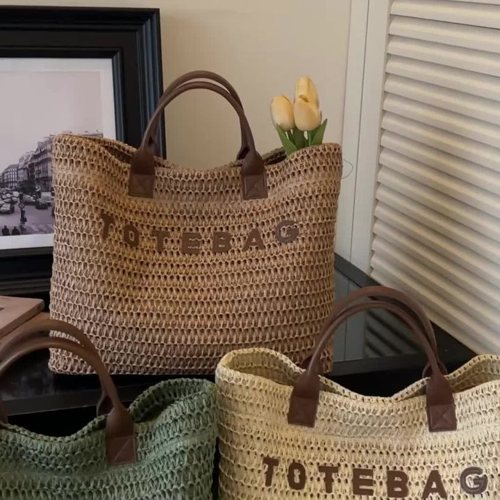 Large Woven Tote Bag with Leather Handles