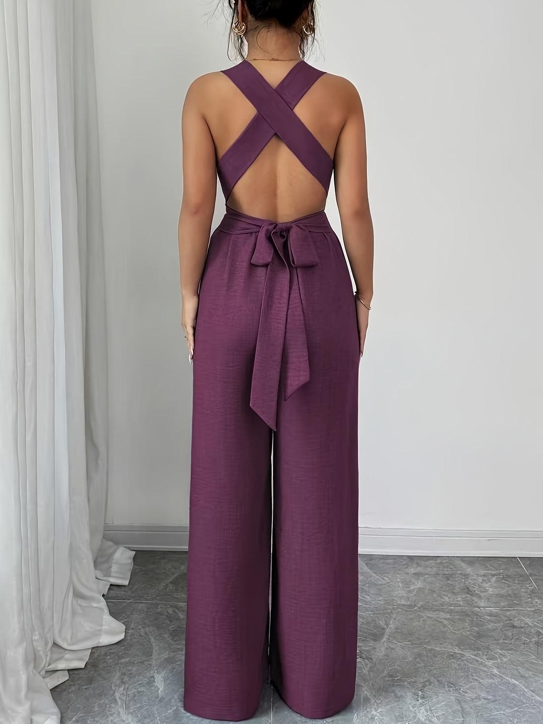 Linen Halter V Neck Ruched Wide Leg Elegant Jumpsuit