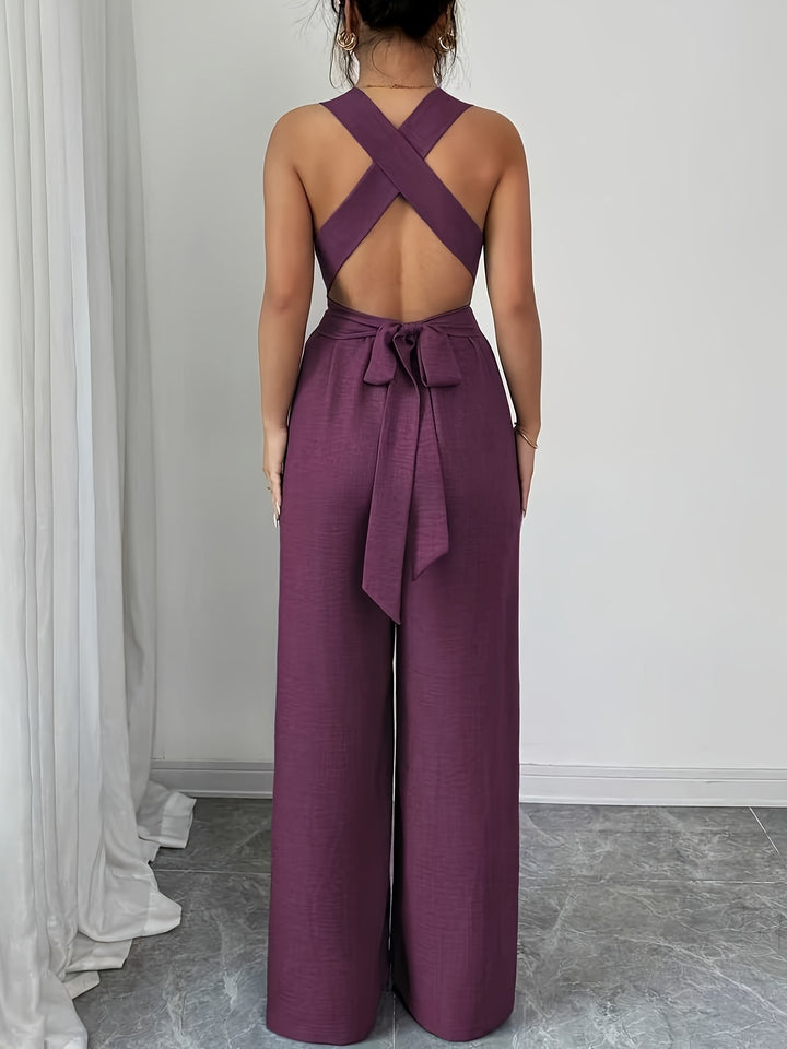 Linen Halter V Neck Ruched Wide Leg Elegant Jumpsuit