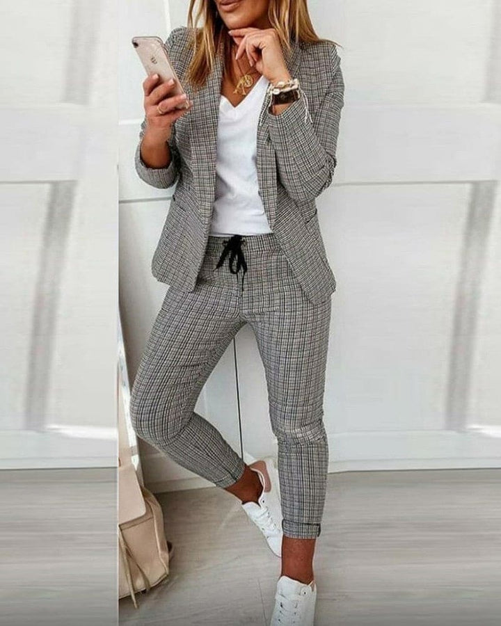 Checked Notch Lapel Blazer Drawstring Pant Two Piece Suit Set
