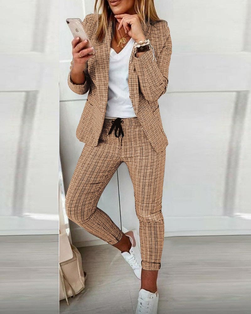 Checked Notch Lapel Blazer Drawstring Pant Two Piece Suit Set