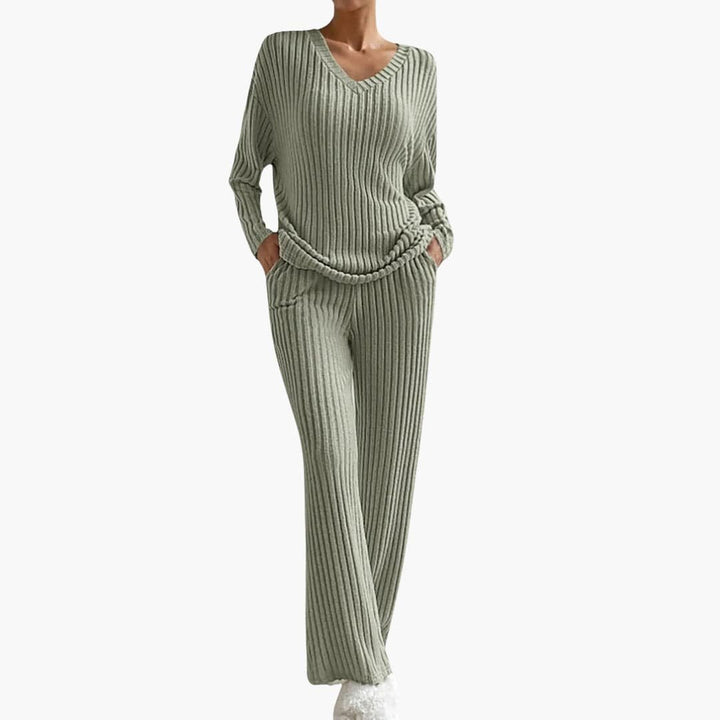 Thalia | Women's V-Neck Ribbed Knit Sweater Set