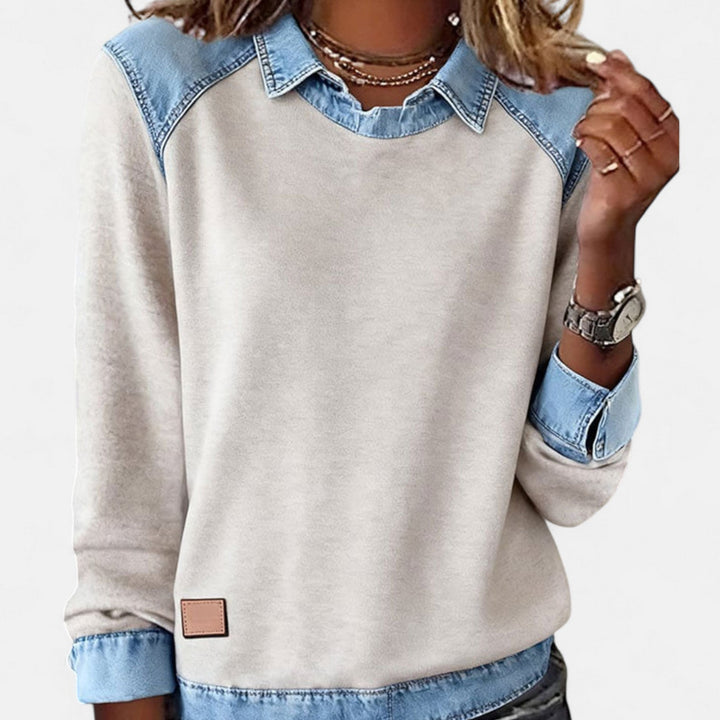 Genevieve | Women's Denim Trim Crew Neck Sweatshirt