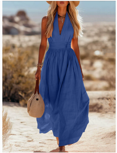 Deep V Halter Neck Ruched Waist Flowy Maxi Dress