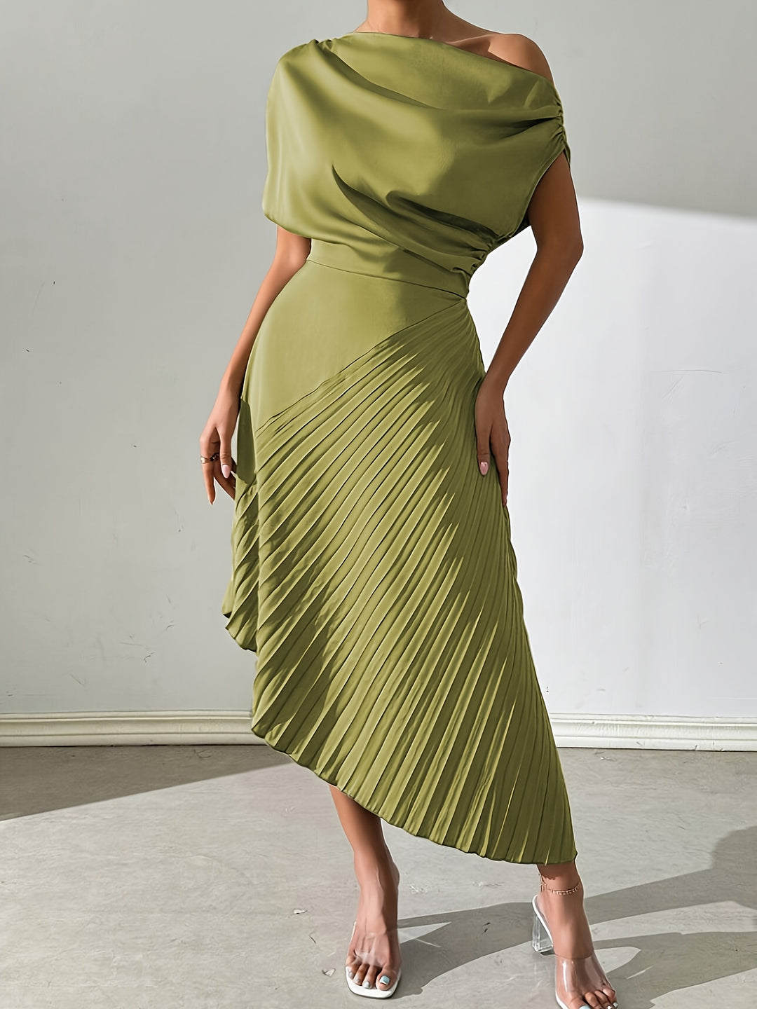 Draped One Shoulder Pleated Skirt Midi Dress - Wedding Guest