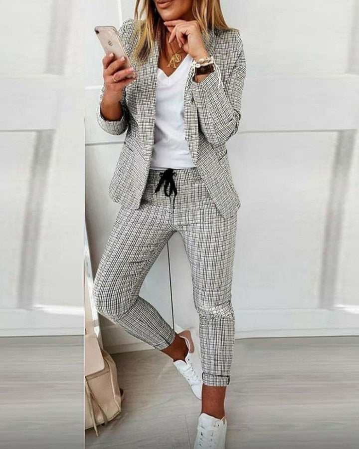 Checked Notch Lapel Blazer Drawstring Pant Two Piece Suit Set