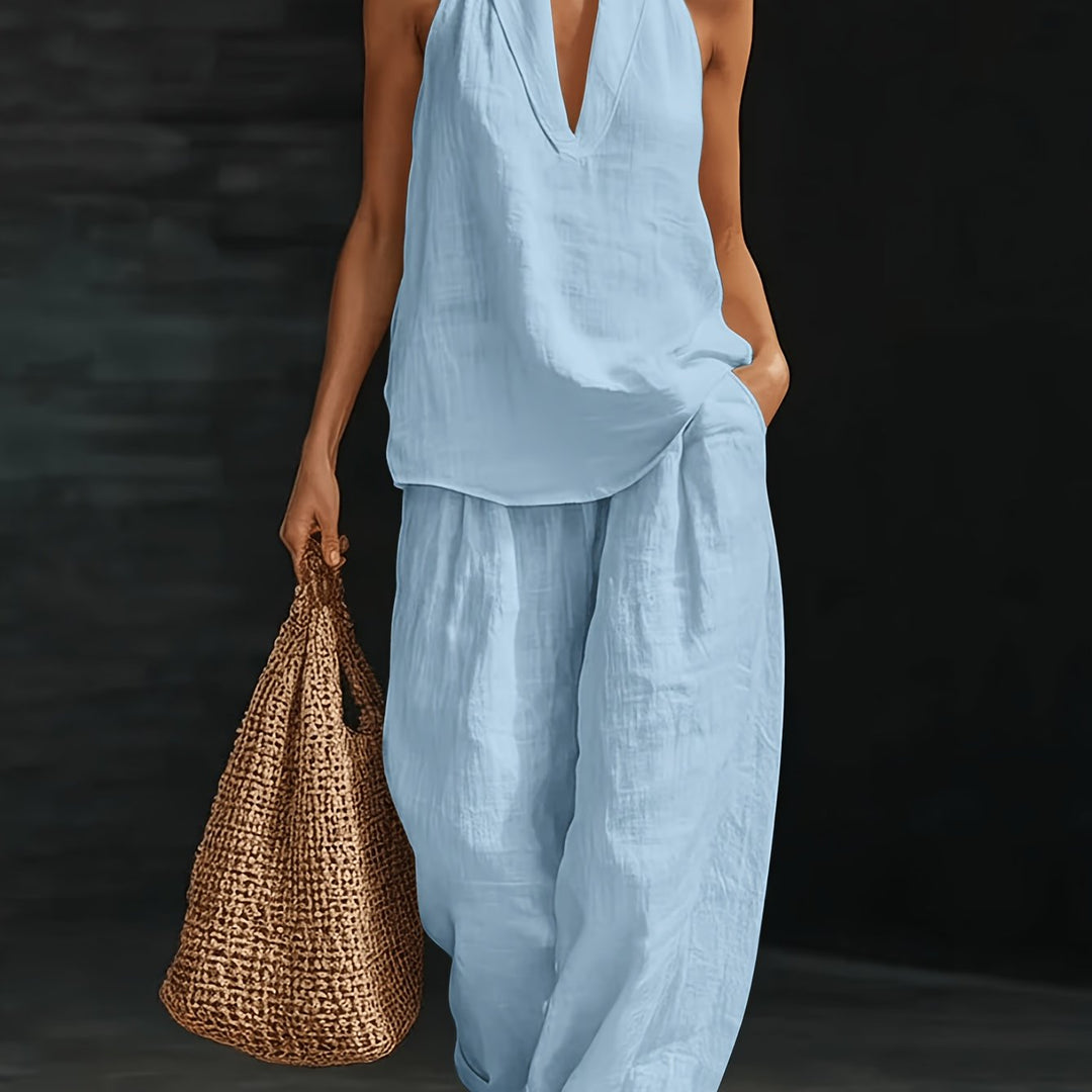 Linen Halter V Neck Backless Top and Wide Leg Pants Set