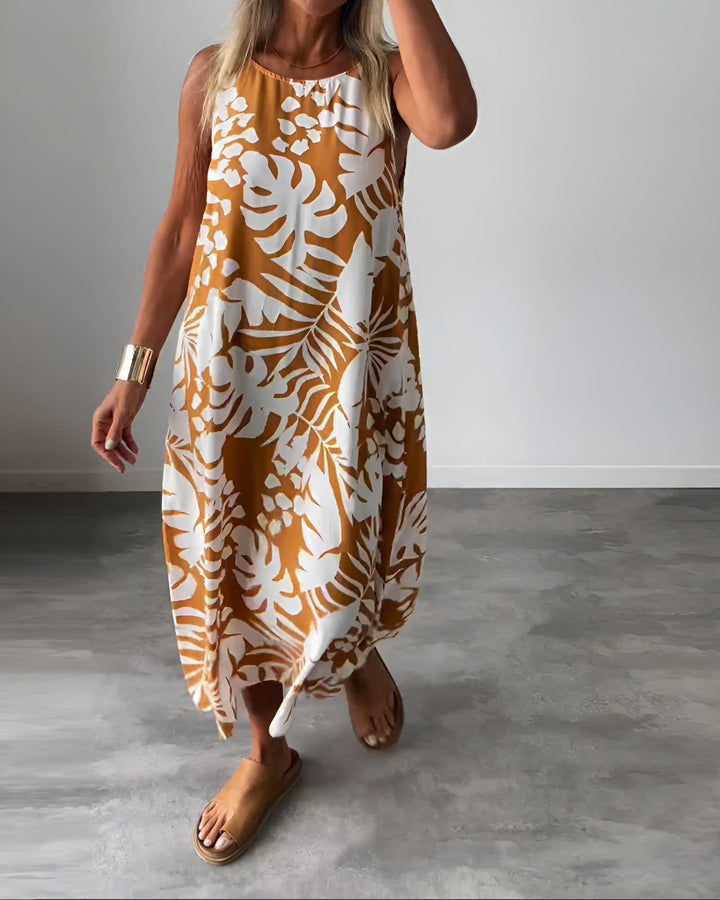 Tropical Leaf Print Halter Neck Sleeveless Swing Casual Maxi Dress
