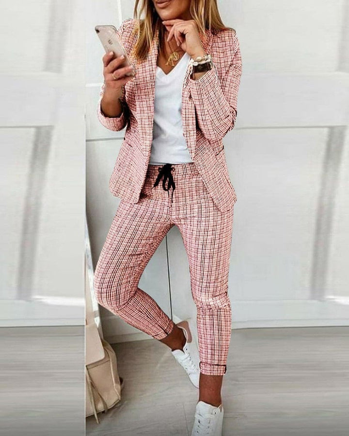 Checked Notch Lapel Blazer Drawstring Pant Two Piece Suit Set
