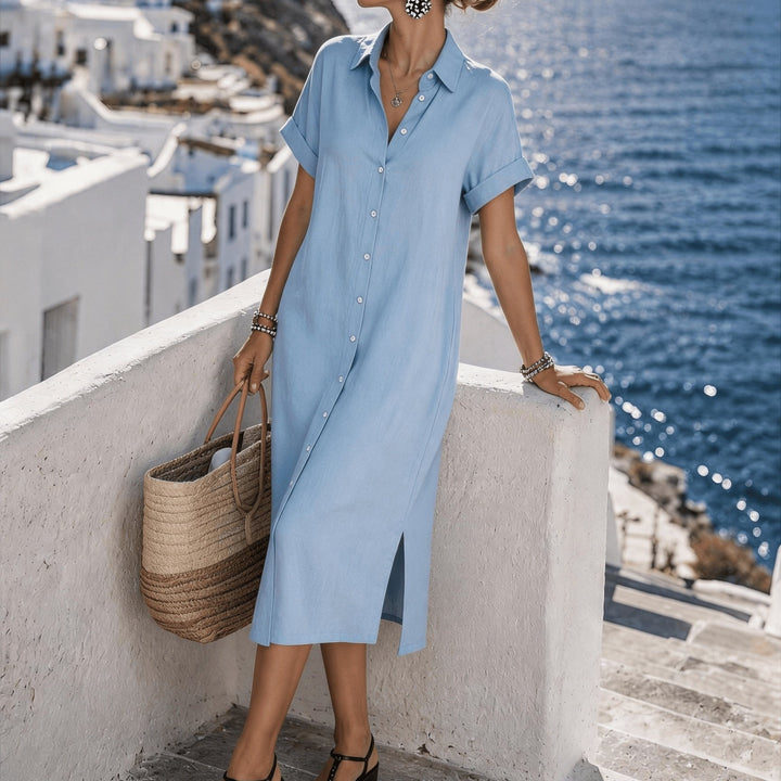 Button-Front Short Sleeve Shirt Dress for Vacation