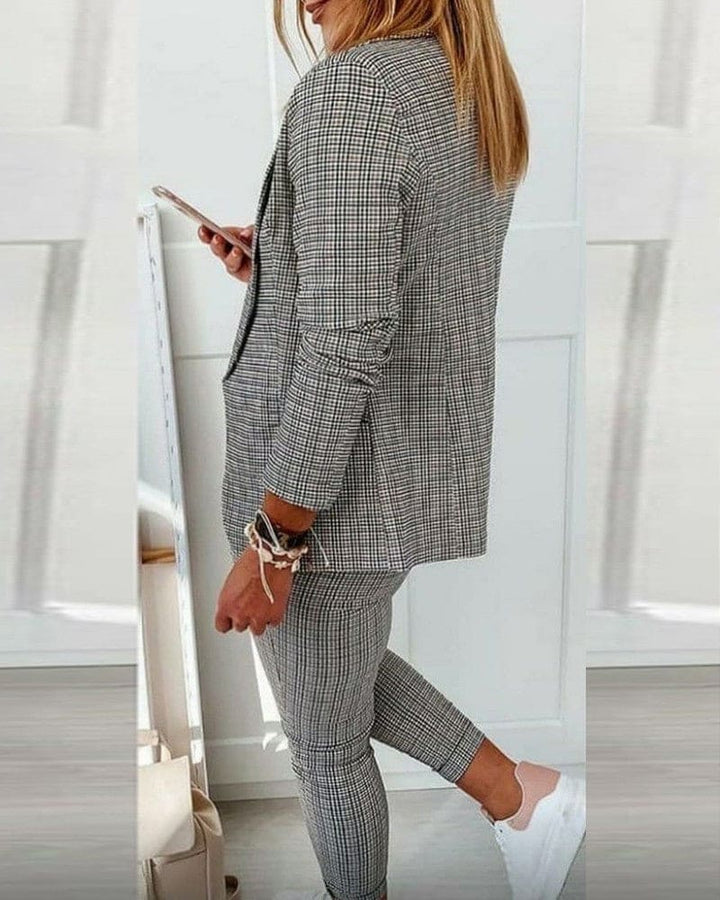 Checked Notch Lapel Blazer Drawstring Pant Two Piece Suit Set