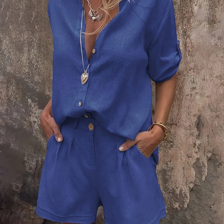Shimmer Linen Collared Button Down Top and Short Set