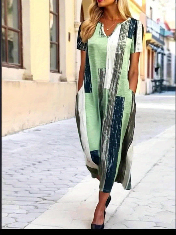 Beau™-Green Striped Colour Short Sleeve Dress