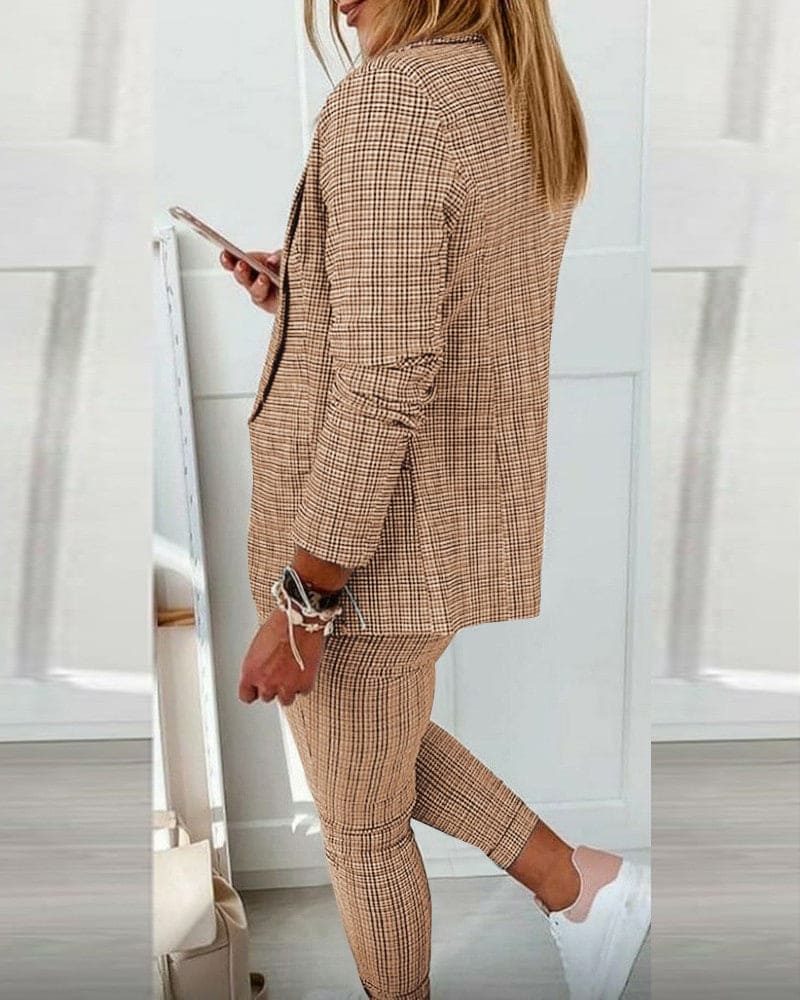 Checked Notch Lapel Blazer Drawstring Pant Two Piece Suit Set