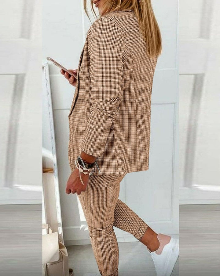 Checked Notch Lapel Blazer Drawstring Pant Two Piece Suit Set
