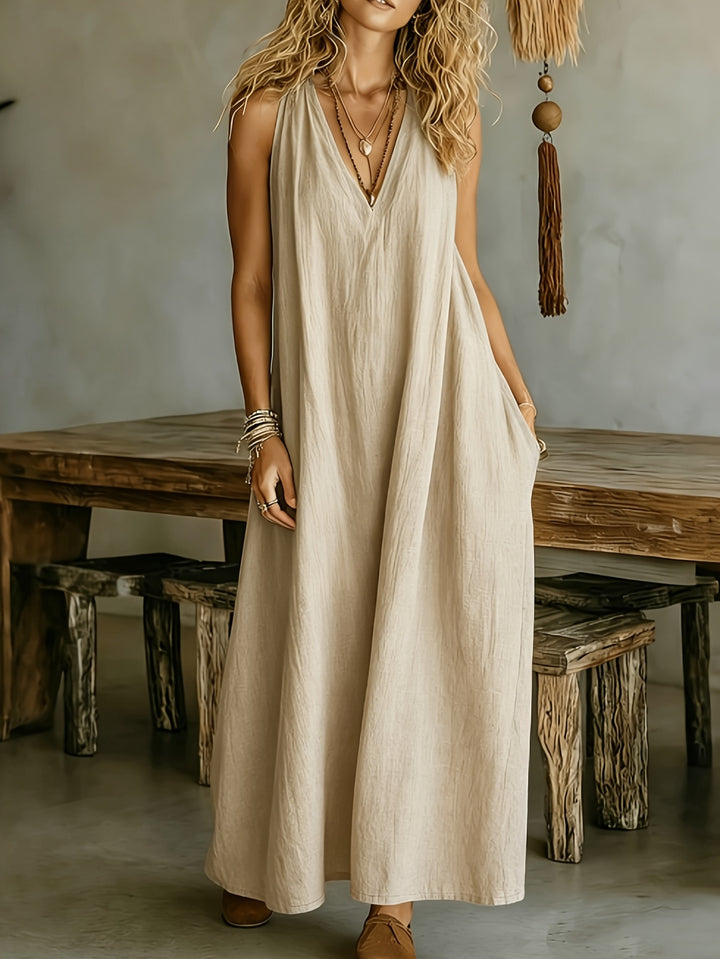 Linen Flowy V Neck Draped Casual Maxi Dress for Vacation