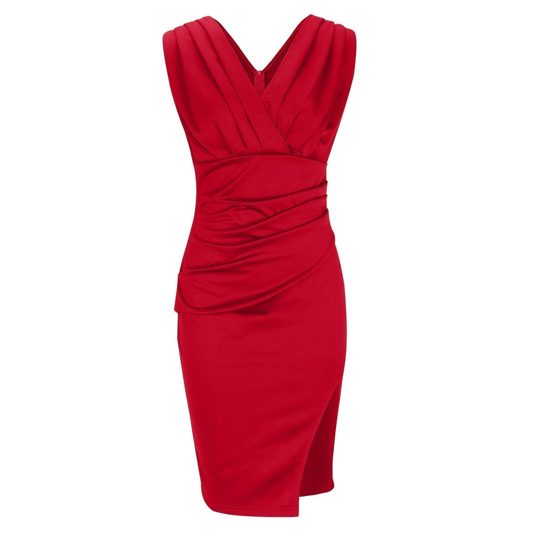 Pleated Shoulder Ruched Bodycon V Neck Split Mini Dress - Cocktail Party