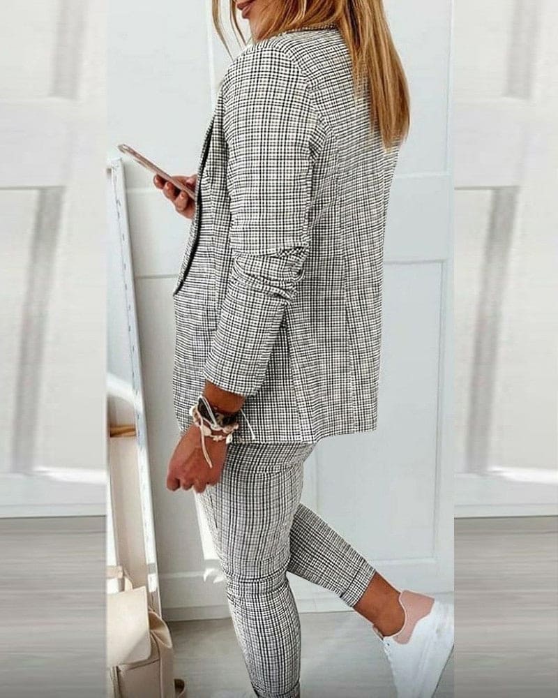 Checked Notch Lapel Blazer Drawstring Pant Two Piece Suit Set