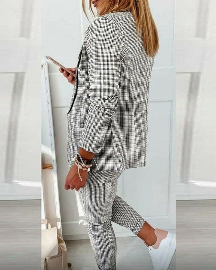Checked Notch Lapel Blazer Drawstring Pant Two Piece Suit Set