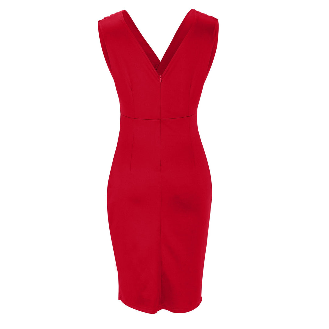 Pleated Shoulder Ruched Bodycon V Neck Split Mini Dress - Cocktail Party