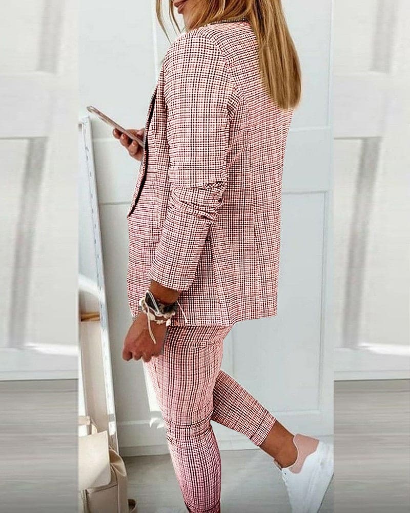 Checked Notch Lapel Blazer Drawstring Pant Two Piece Suit Set
