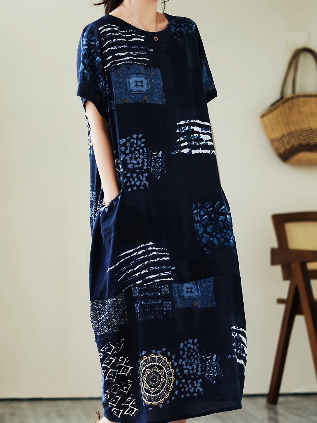 Vintage Botanical Print Crew Neck Short Sleeve Loose Linen Maxi Dress