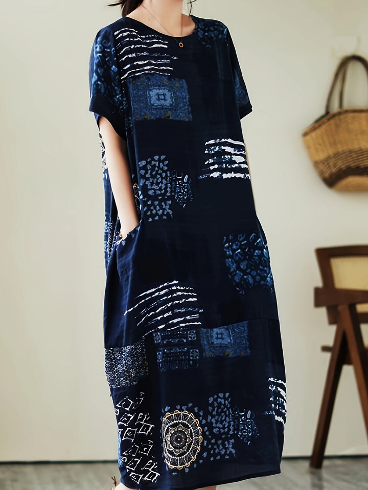 Vintage Botanical Print Crew Neck Short Sleeve Loose Linen Maxi Dress
