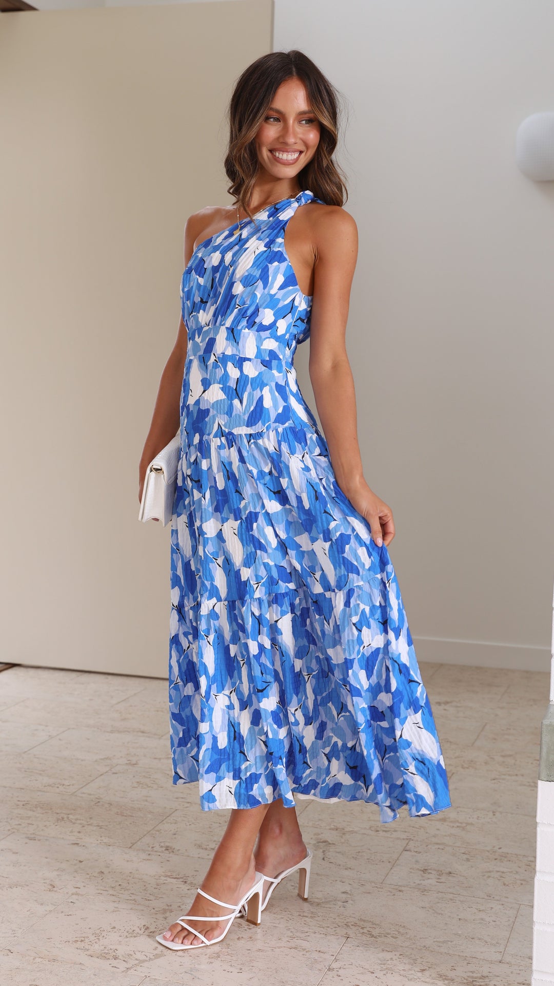 Floral One Shoulder Tiered Pleated Midi Dress - Wedding Guest