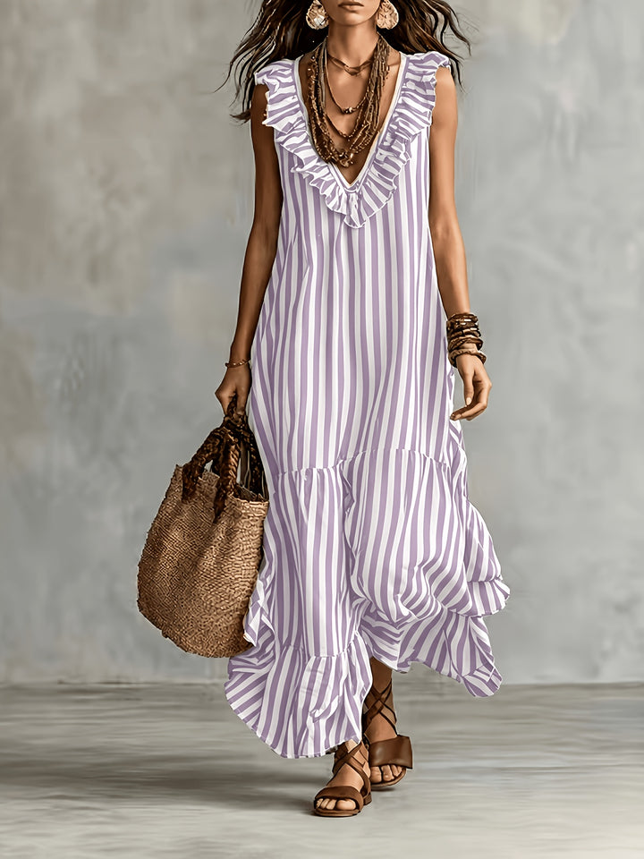 Striped Ruffled V Neck Boho Maxi Dress for Vacation