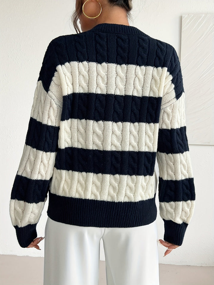 Rosalyn | Women's Striped V-Neck Oversized Cable Knit Sweater