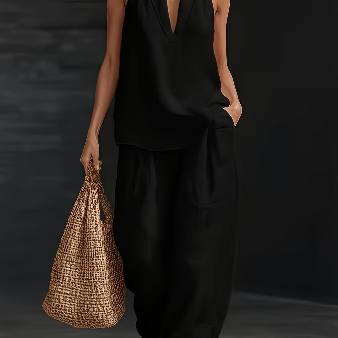 Linen Halter V Neck Backless Top and Wide Leg Pants Set