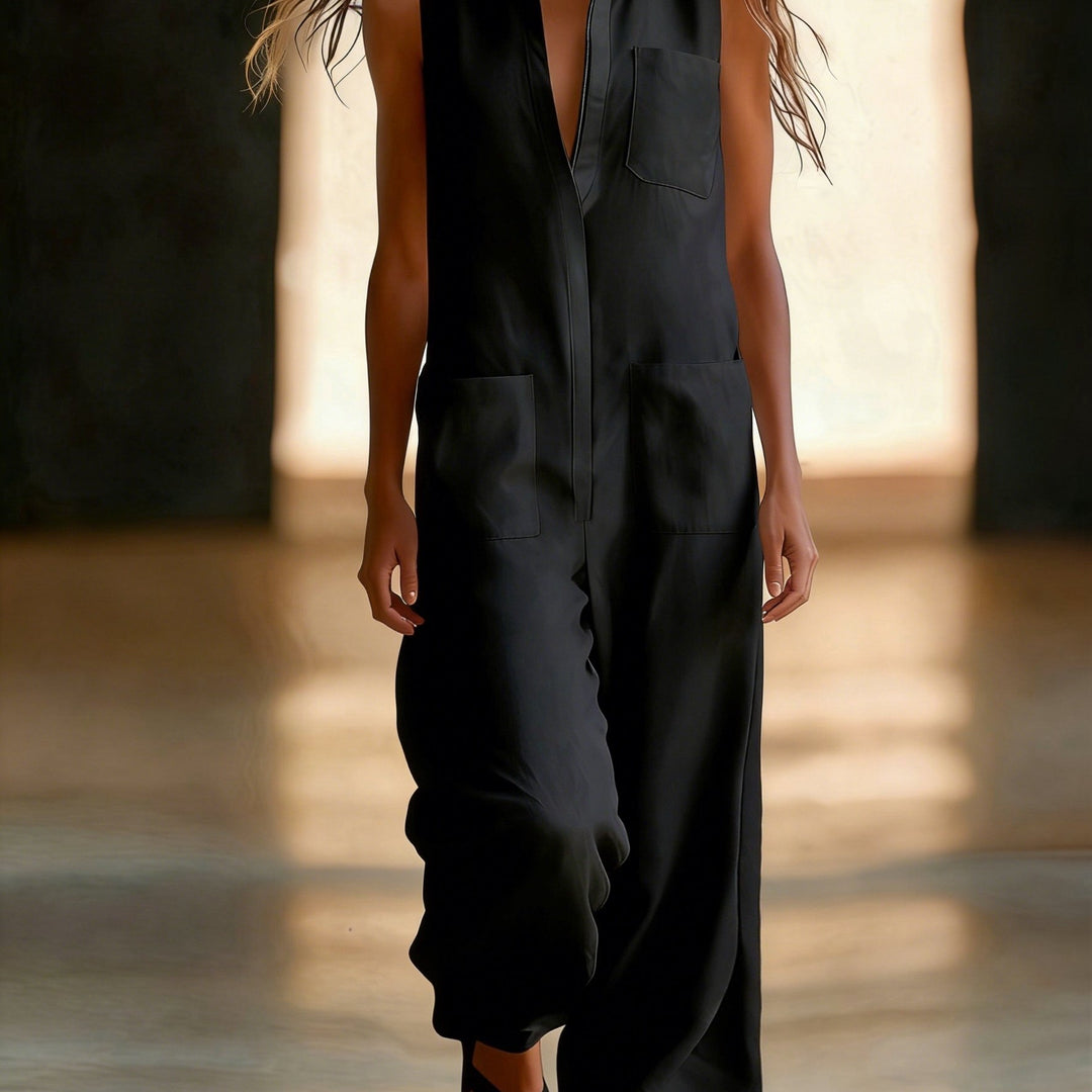 Linen Collared Sleeveless Wide Leg Utility Jumpsuit