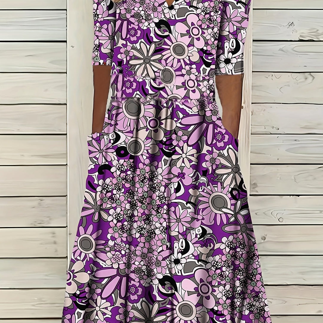 Gabi™-Elegant Floral Print V-Neck Midi Dress