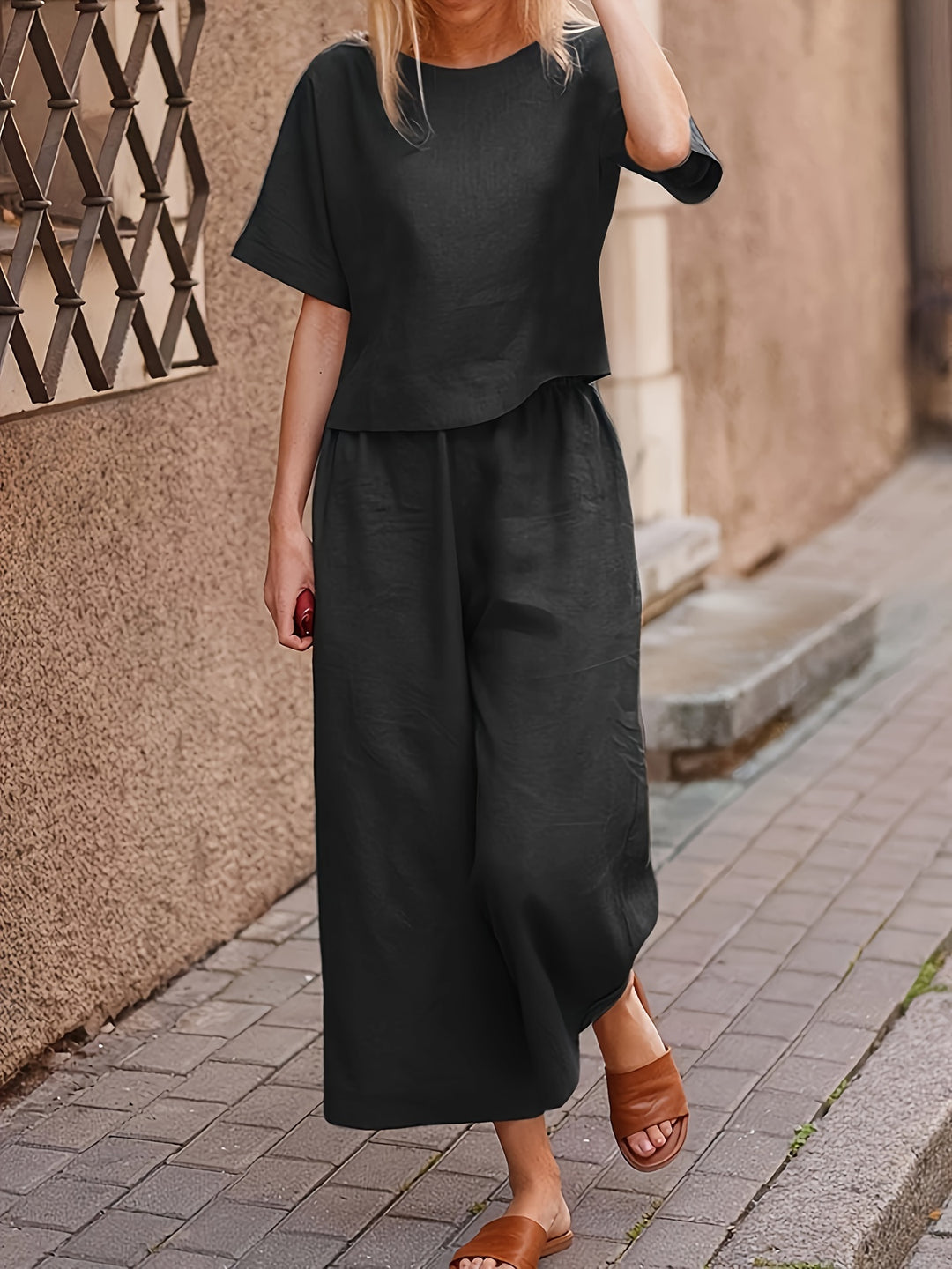 Linen Crew Neck Short Sleeve Top and Wide Leg Pants Set