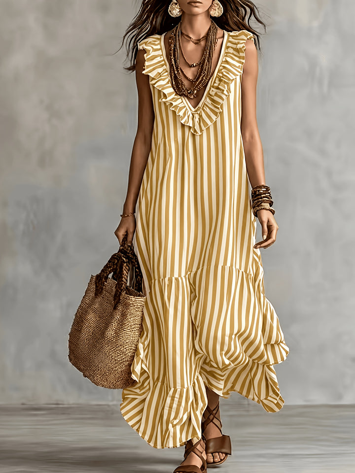 Striped Ruffled V Neck Boho Maxi Dress for Vacation