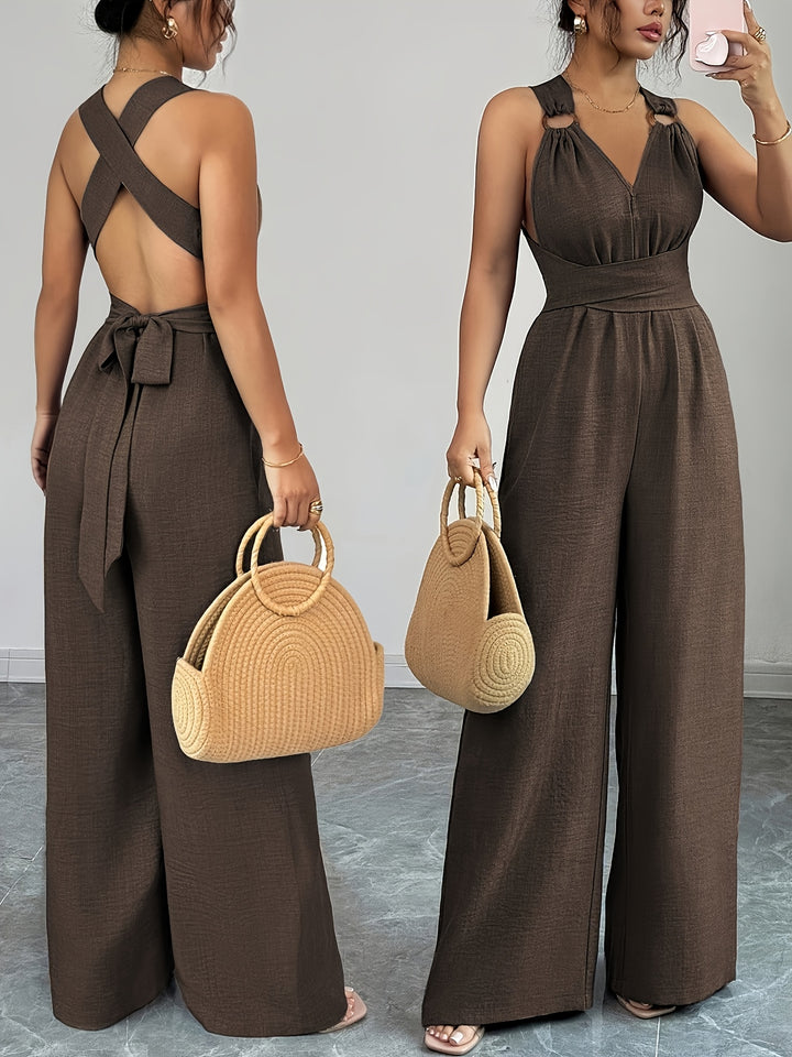 Linen Halter V Neck Ruched Wide Leg Elegant Jumpsuit